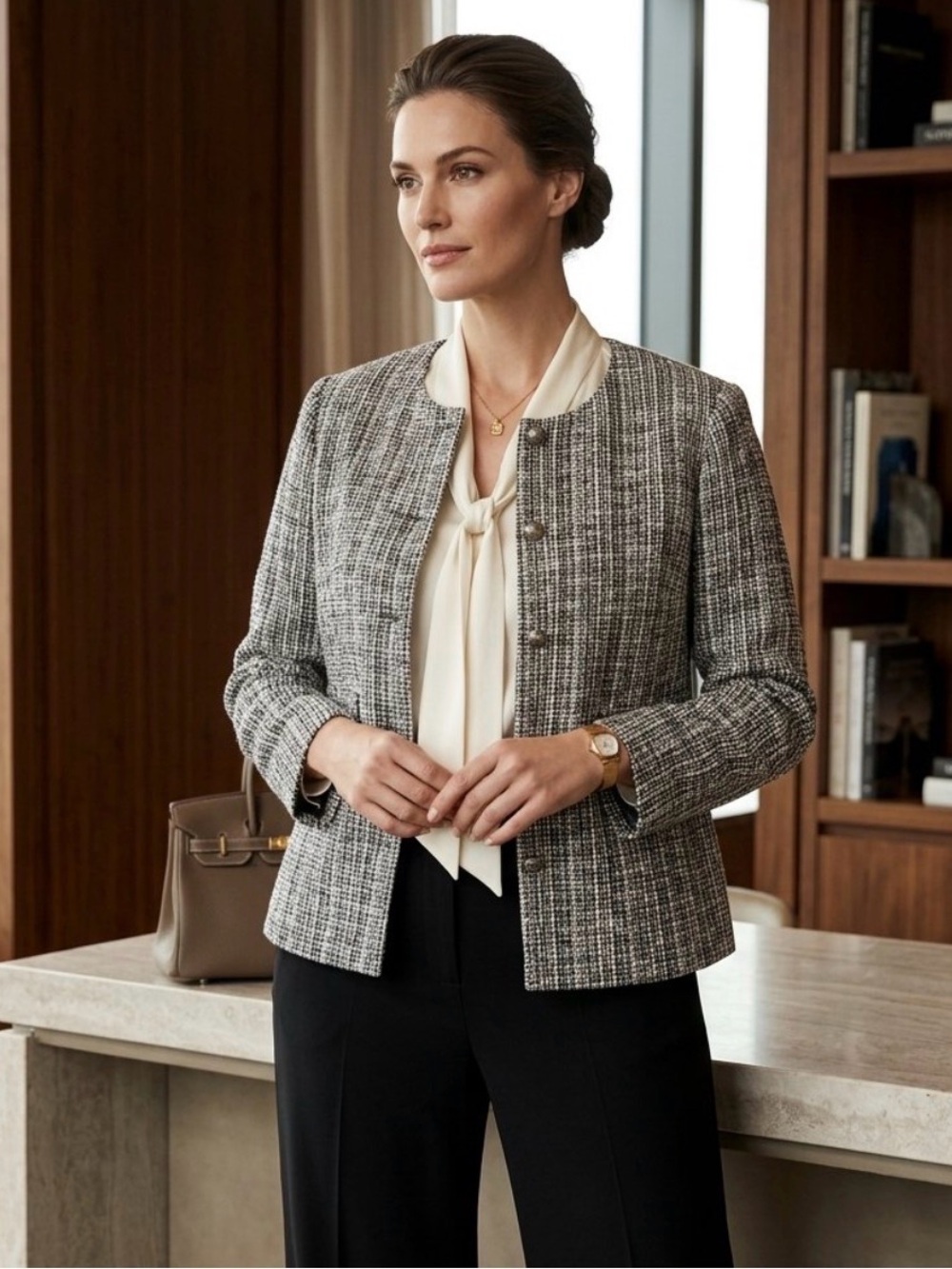 Women's Grey Tweed Collarless Blazer